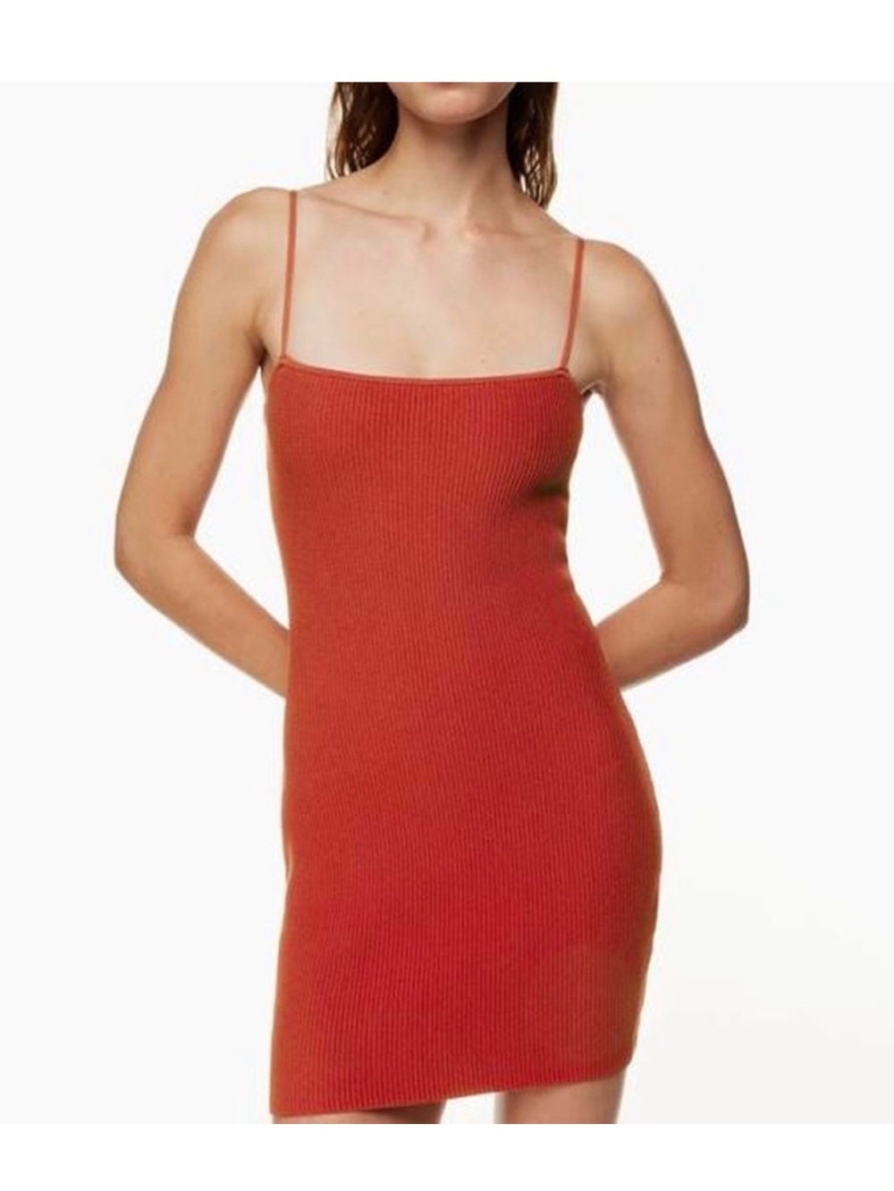 Aritzia Rust-Red Ribbed Spaghetti Strap Dress